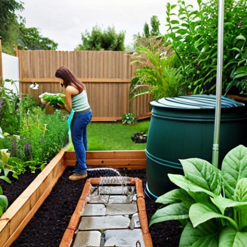 Home 23 ** A lush, green garden being watered with a simple rain barrel system. Focus on healthy plants thriving on collected rainwater. Show a happy gardener tending to the plants, highlighting the sustainable and cost-saving aspects of using rainwater.
**