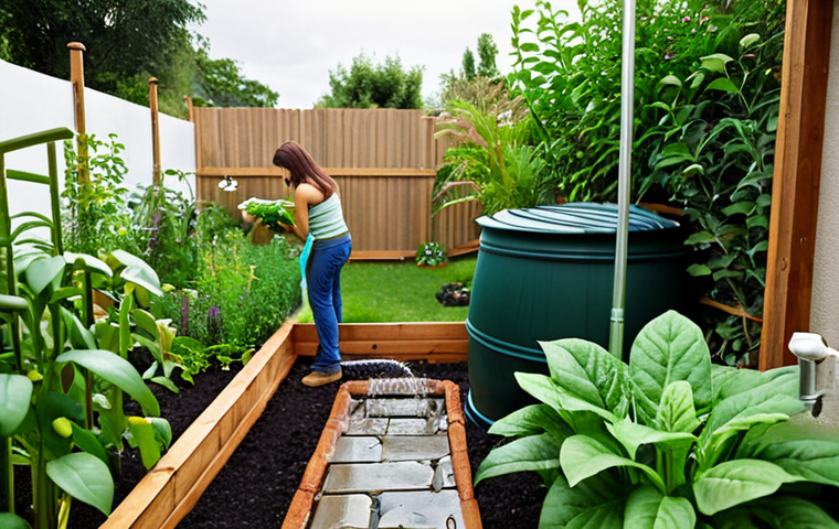 ** A lush, green garden being watered with a simple rain barrel system. Focus on healthy plants thriving on collected rainwater. Show a happy gardener tending to the plants, highlighting the sustainable and cost-saving aspects of using rainwater.
**