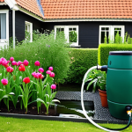 **

> A lush, green Dutch garden being watered with collected rainwater. Show a modern rain barrel system connected to a hose, irrigating vibrant flowers and a healthy lawn. The scene should evoke sustainability and eco-consciousness. Include a typical Dutch house in the background.

**