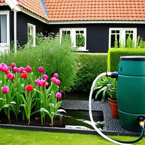 Home 22 **
> A lush, green Dutch garden being watered with collected rainwater. Show a modern rain barrel system connected to a hose, irrigating vibrant flowers and a healthy lawn. The scene should evoke sustainability and eco-consciousness. Include a typical Dutch house in the background.
**