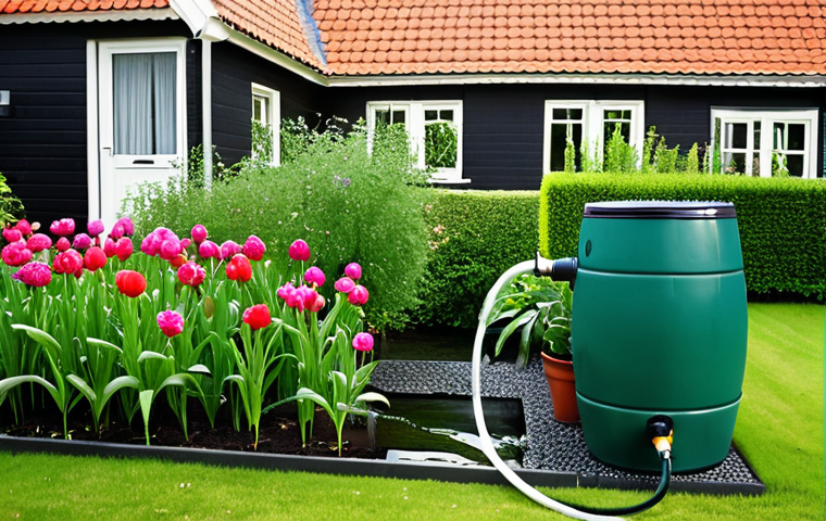 **

> A lush, green Dutch garden being watered with collected rainwater. Show a modern rain barrel system connected to a hose, irrigating vibrant flowers and a healthy lawn. The scene should evoke sustainability and eco-consciousness. Include a typical Dutch house in the background.

**