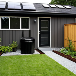 **Prompt:** A modern suburban house with a sleek, dark-colored rain barrel discreetly placed next to the downspout. The garden is lush and green, clearly thriving even during a dry summer. Solar panels are visible on the roof, emphasizing the eco-friendly nature of the property. The overall feel should be clean, contemporary, and sustainable.