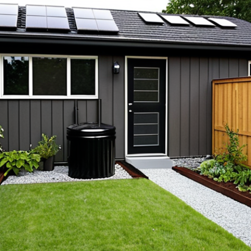 Home 21 **Prompt:** A modern suburban house with a sleek, dark-colored rain barrel discreetly placed next to the downspout. The garden is lush and green, clearly thriving even during a dry summer. Solar panels are visible on the roof, emphasizing the eco-friendly nature of the property. The overall feel should be clean, contemporary, and sustainable.