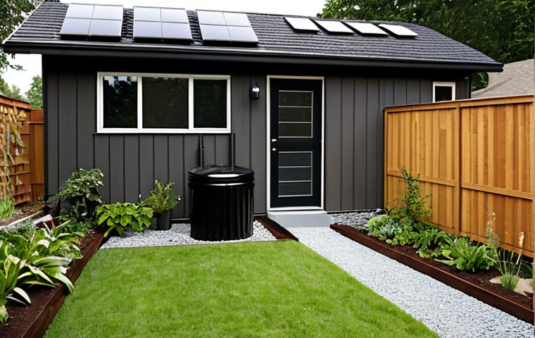 **Prompt:** A modern suburban house with a sleek, dark-colored rain barrel discreetly placed next to the downspout. The garden is lush and green, clearly thriving even during a dry summer. Solar panels are visible on the roof, emphasizing the eco-friendly nature of the property. The overall feel should be clean, contemporary, and sustainable.