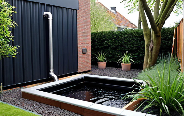 **Image Prompt:** A modern Dutch garden featuring a rainwater harvesting system. Show a sleek, dark-colored rainwater tank integrated into the landscape, connected to the house with clearly marked pipes (regenwater/drinkwater). Include a visible filter system and flourishing plants being watered by the system. The scene should convey sustainability and efficient water usage in a typical Dutch setting.